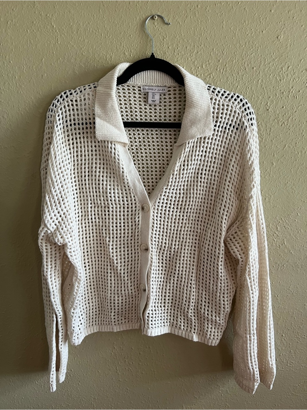 Sincerely Jules Cream Open-Knit Button-Front Sweater Cardigan